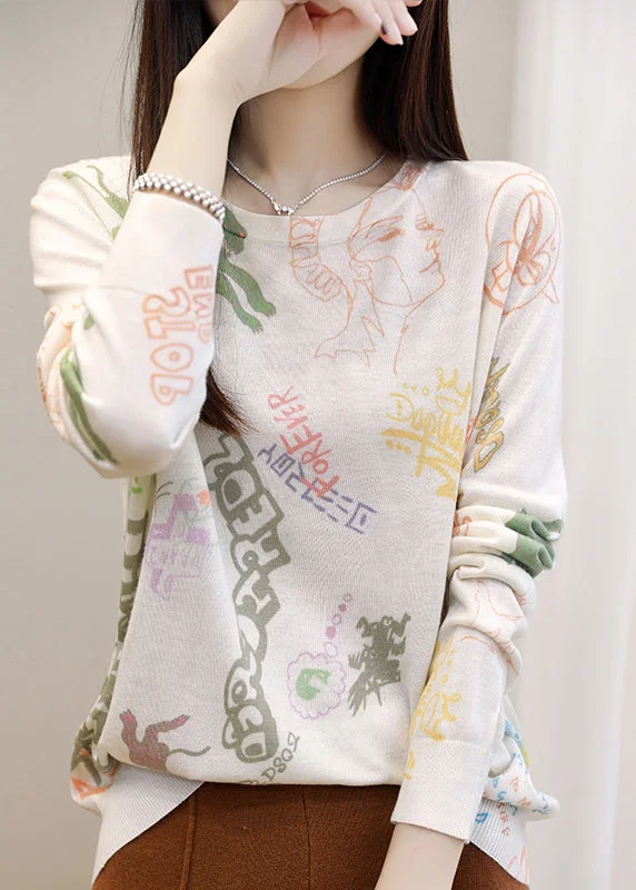 Portrait Print Silk Cotton T Shirt O Neck Long Sleeve