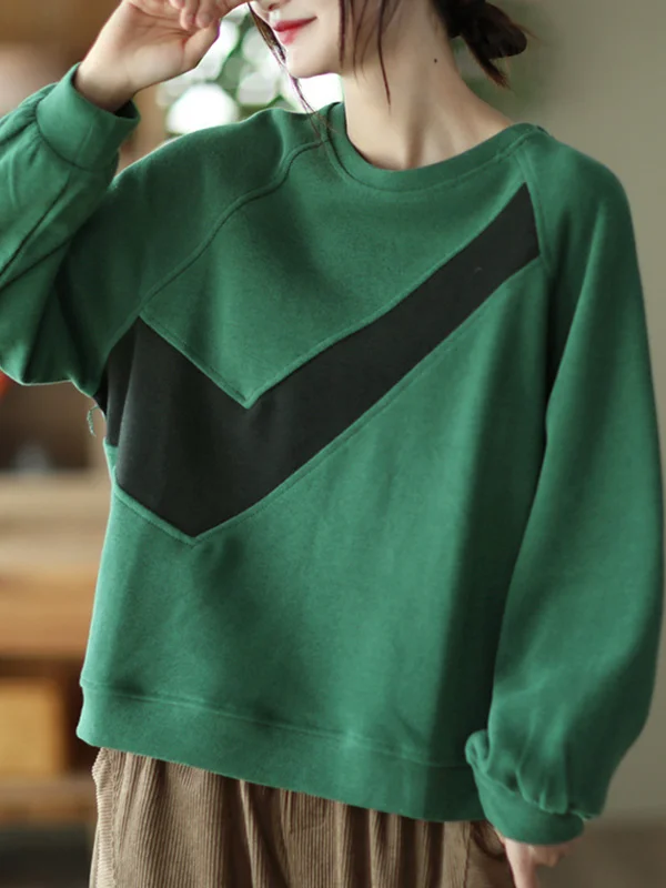 Original Loose Long Sleeves Contrast Color Split-Joint Round-Neck Hoodies&Sweatshirt Tops