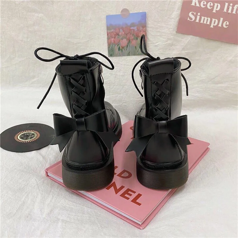 Shoes Women Pink Bow  Boots Woman Student Short Boots British Style Thick Bottom Plus Velvet All-match Single Boots
