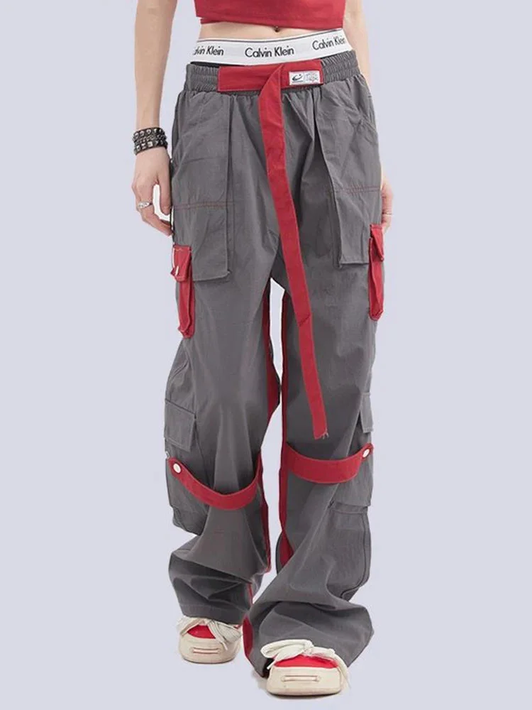Oocharger Harajuku American Cargo Pants Women Patchwork Pockets Straight Trousers Retro High Waist Loose Bf Streetwear Wide Leg Pant