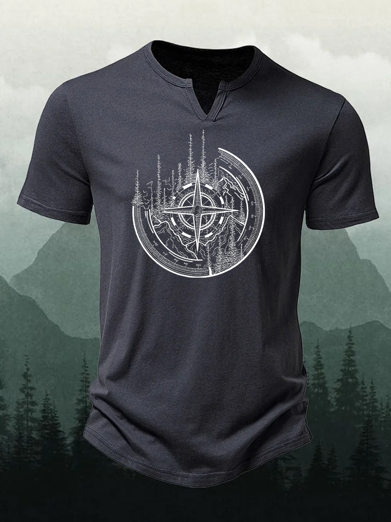 Men's Tree Compass Print V-neck Short-Sleeve Shirt