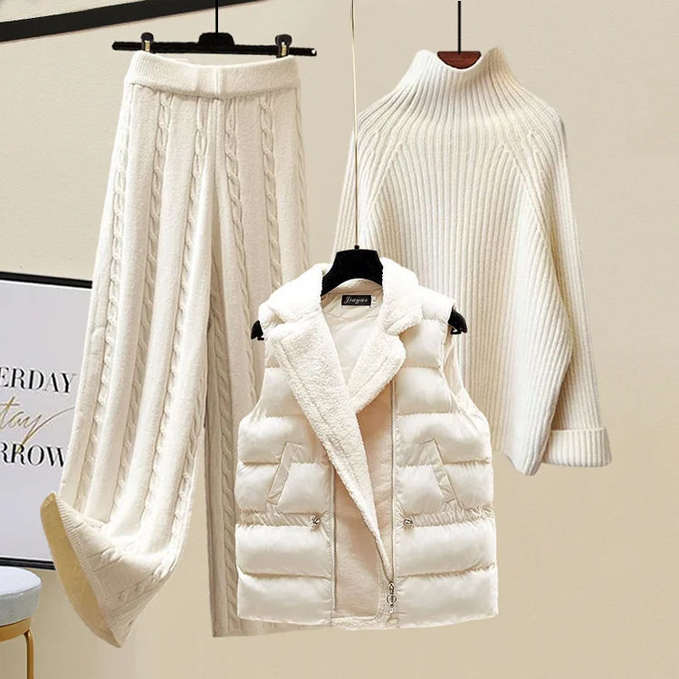 Casual Sweet Solid Three-piece Sets:  Princess Sleeves Sweater & Loose Pants & Jacket