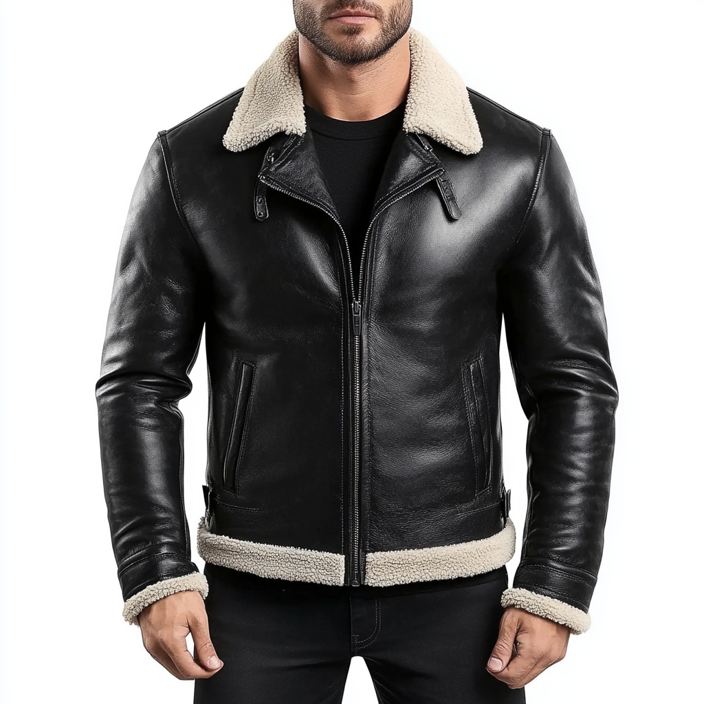 Men's Vintage Thick Warm Fur Lapel Zipper Slim Fit Leather Jacket
