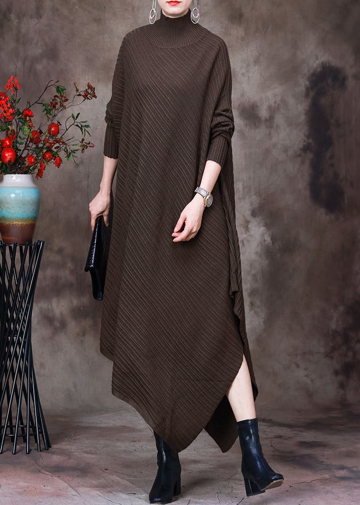 Loose Coffee Turtleneck Asymmetrical Knit Dresses Long Sleeve
