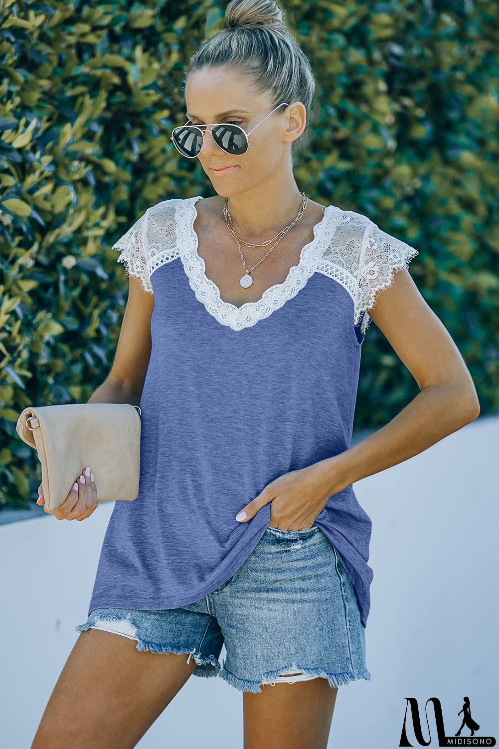 MidiSono - Scalloped Spliced Lace V-Neck Top