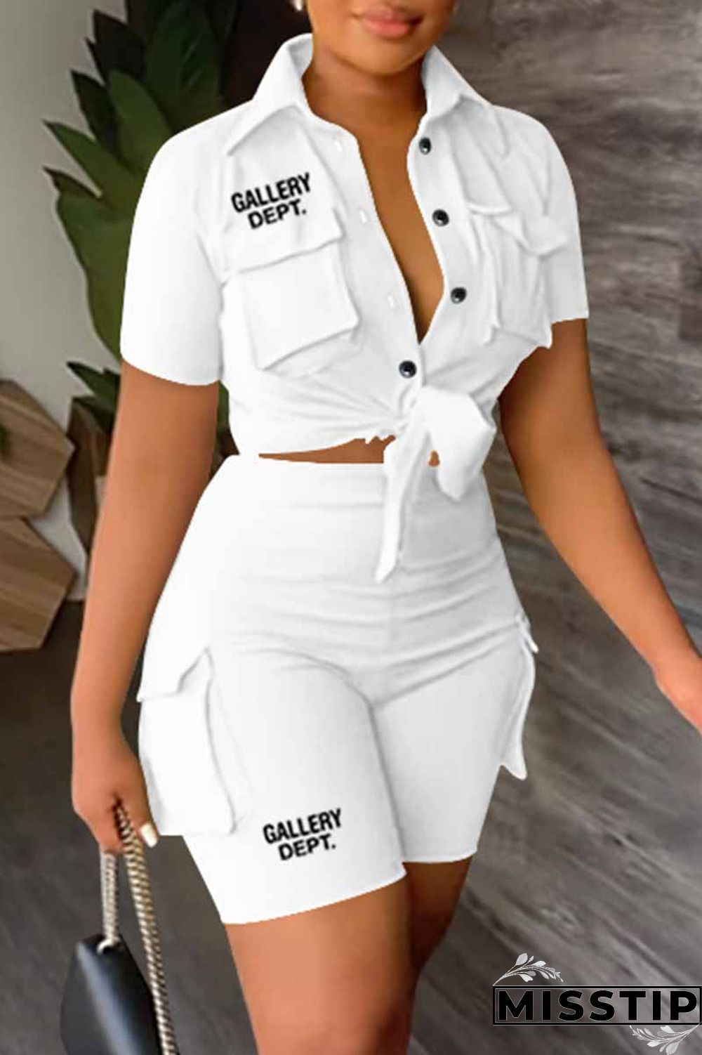 Red Casual Street Print Letter Turndown Collar Short Sleeve Two Pieces
