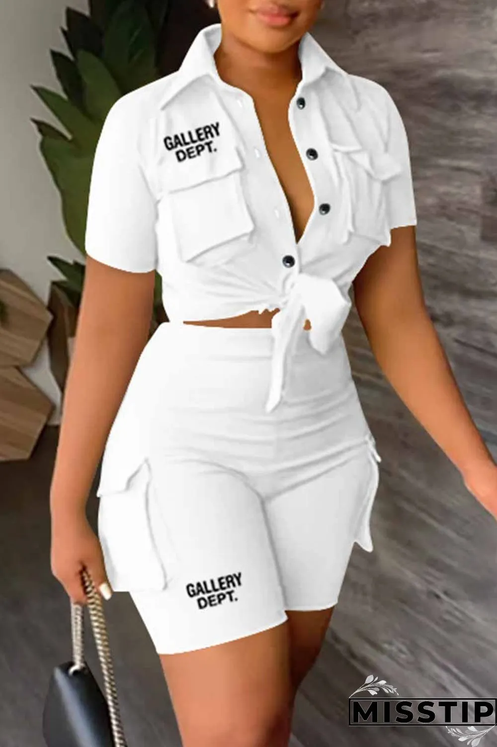 Red Casual Street Print Letter Turndown Collar Short Sleeve Two Pieces