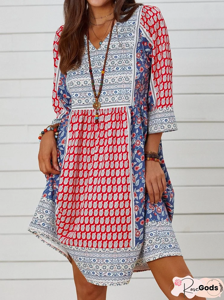 Cotton Boho Floral 3/4 Sleeve Weaving Dress