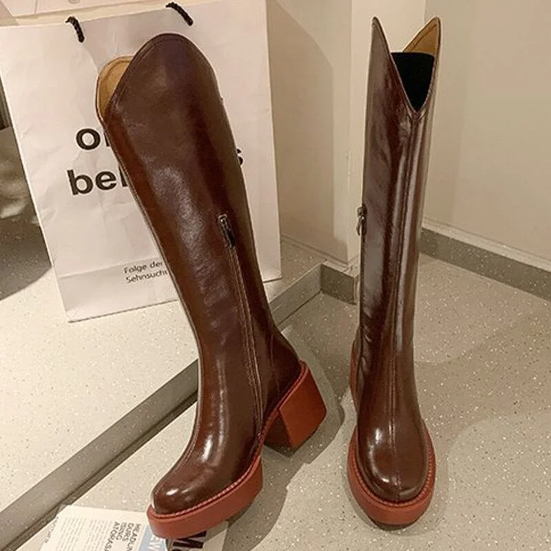 Women's Fashion Thigh High Long Boots Solid Square Heels Ladies Shoes Autumn Winter Soft Leather Zip Female Knee High Boots 2021