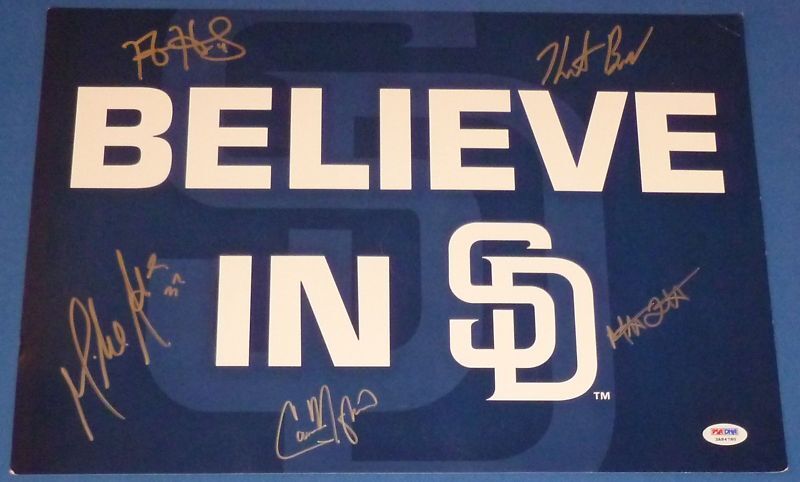 Cameron Maybin Mat Latos Heath Bell + Signed Padres SGA 12x17 Cheer Card PSA/DNA