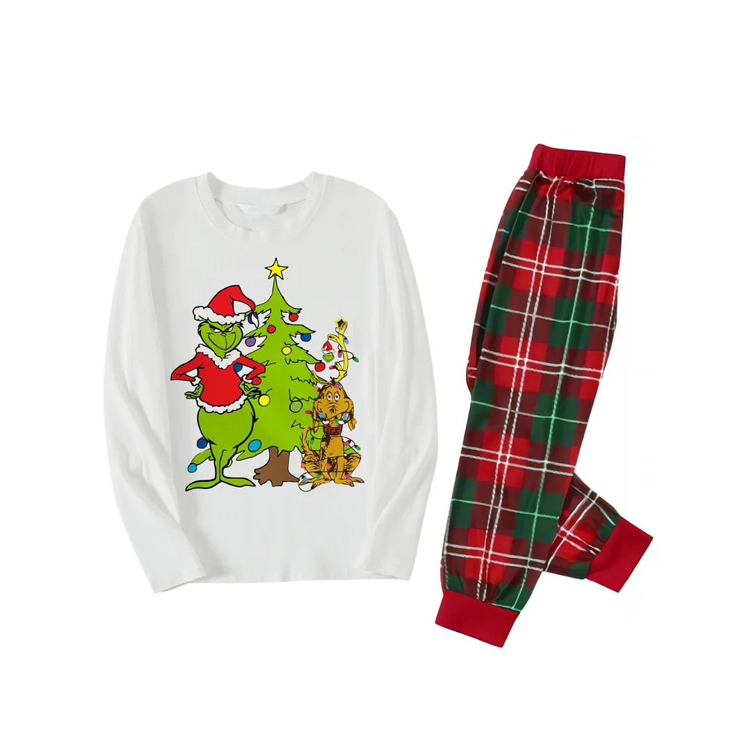 Christmas Cartoon Pattern and Tree Printed Red & Green Plaid Family Matching Pajamas