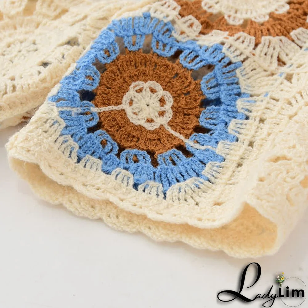 Crochet Hollow T-Shirt Fringed Split Denim Pants Two Pieces Set