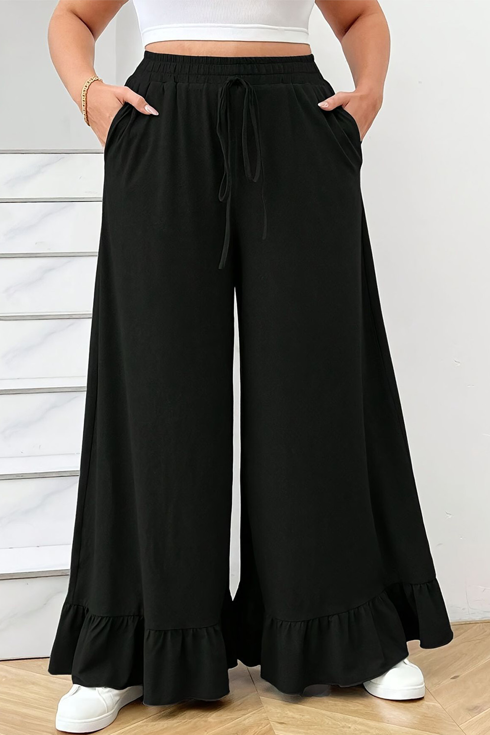Plus Size Casual Black High Rise Ruffle Wide Leg Pants 2024 - Flycurvy 