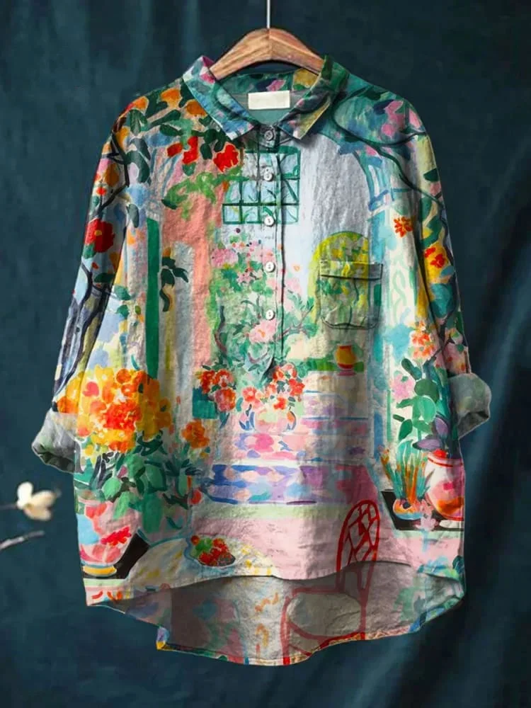 Vintage Interior Scenery Painting Art Print Casual Cotton And Linen Shirt