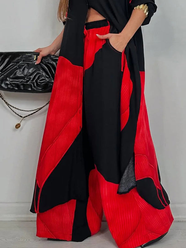 Women's Fashionable Casual Color-Blocked Loose-Fit Shirt Top and Pants Two-Piece Set