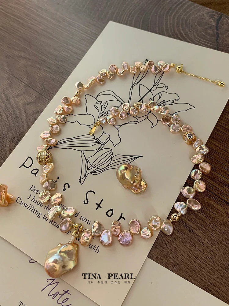 TINA Jewelry, Colorful Baroque pearl + Petal necklace combination Creative necklace