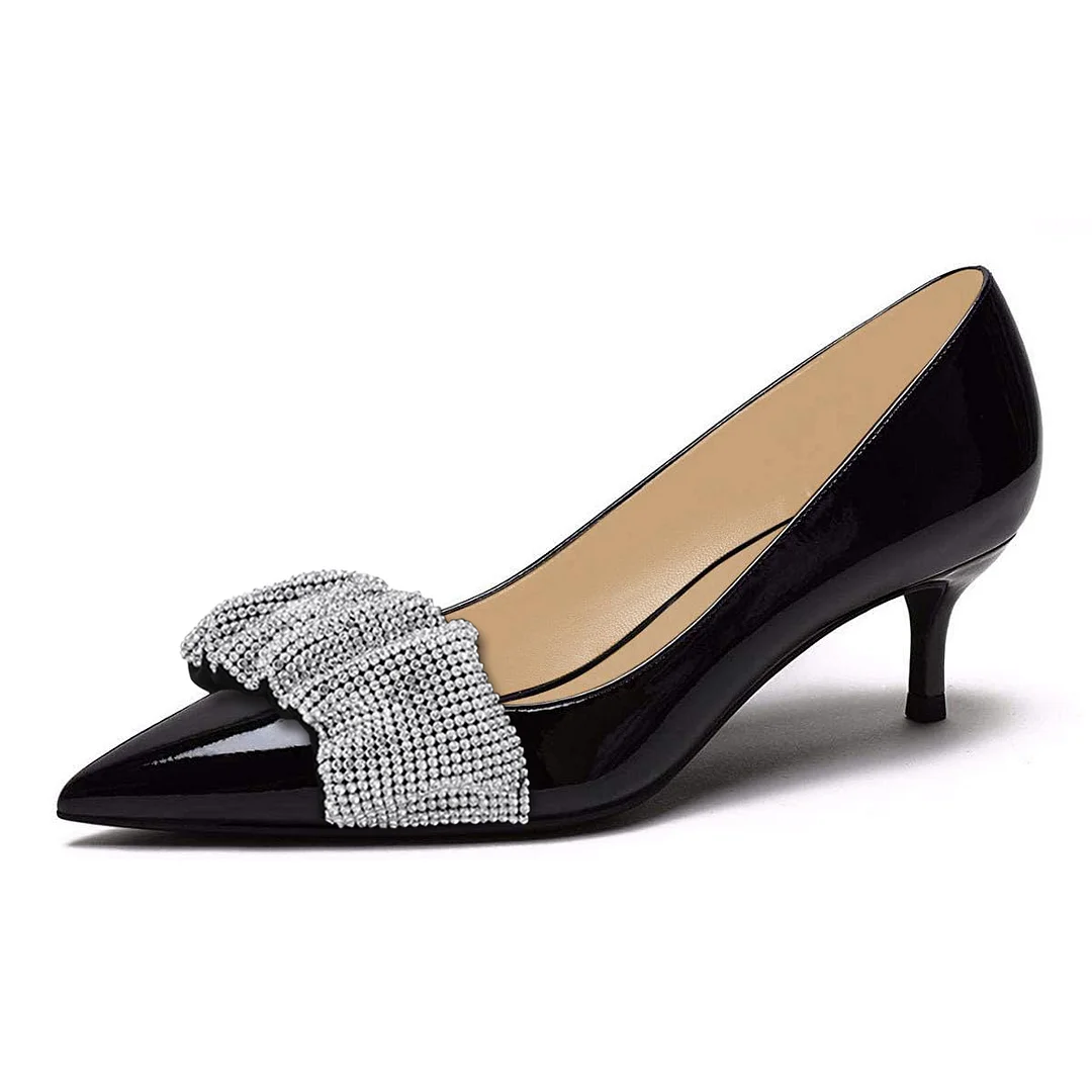 Patent Leather Pointed Rhinestone Embellished Black Pumps for Ladies