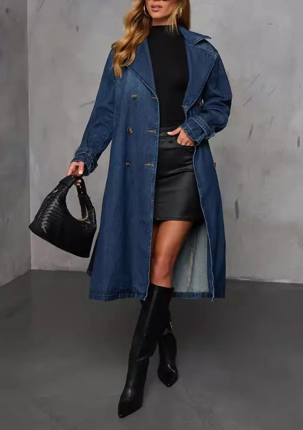 Women's Casual Retro Denim Jacket V-Neck Belt Waist Trench Coat