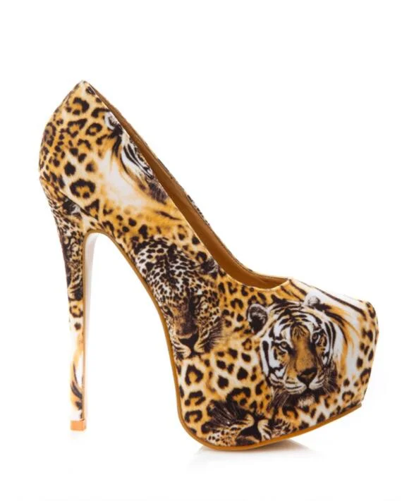 Women's Leopard Print Heels Closed Toe Stiletto Heels Platform Pumps |FSJ Shoes
