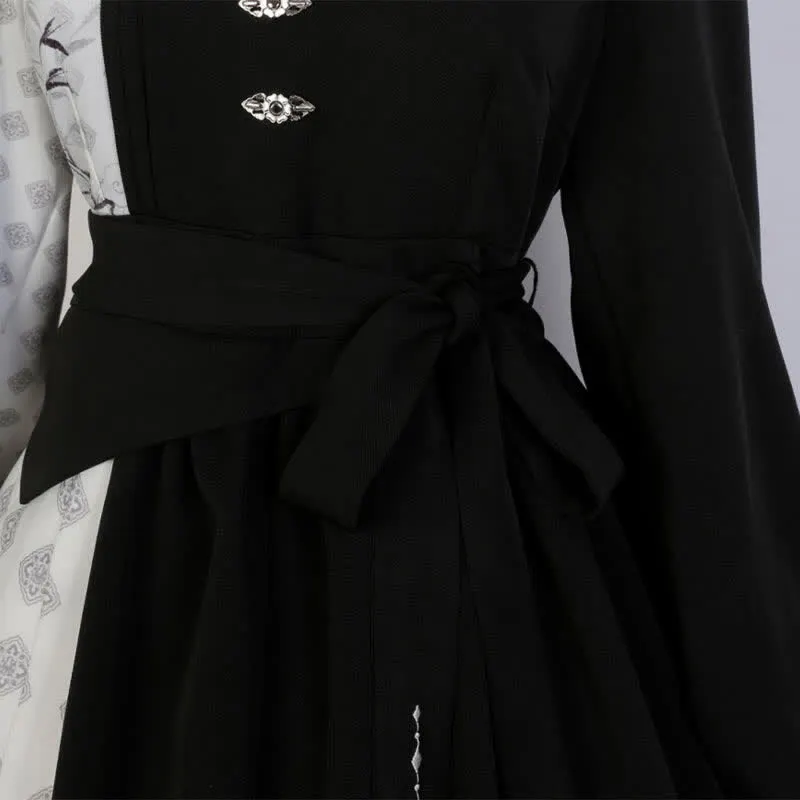 Vintage Bamboo Print Lapel Colorblock Dress