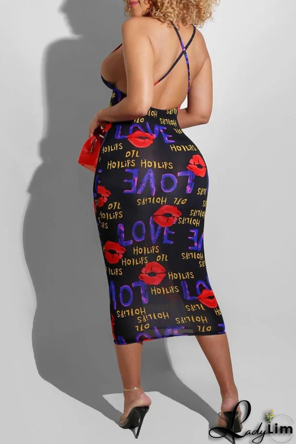 Black Red Sexy Print Split Joint Spaghetti Strap Sling Dress Dresses