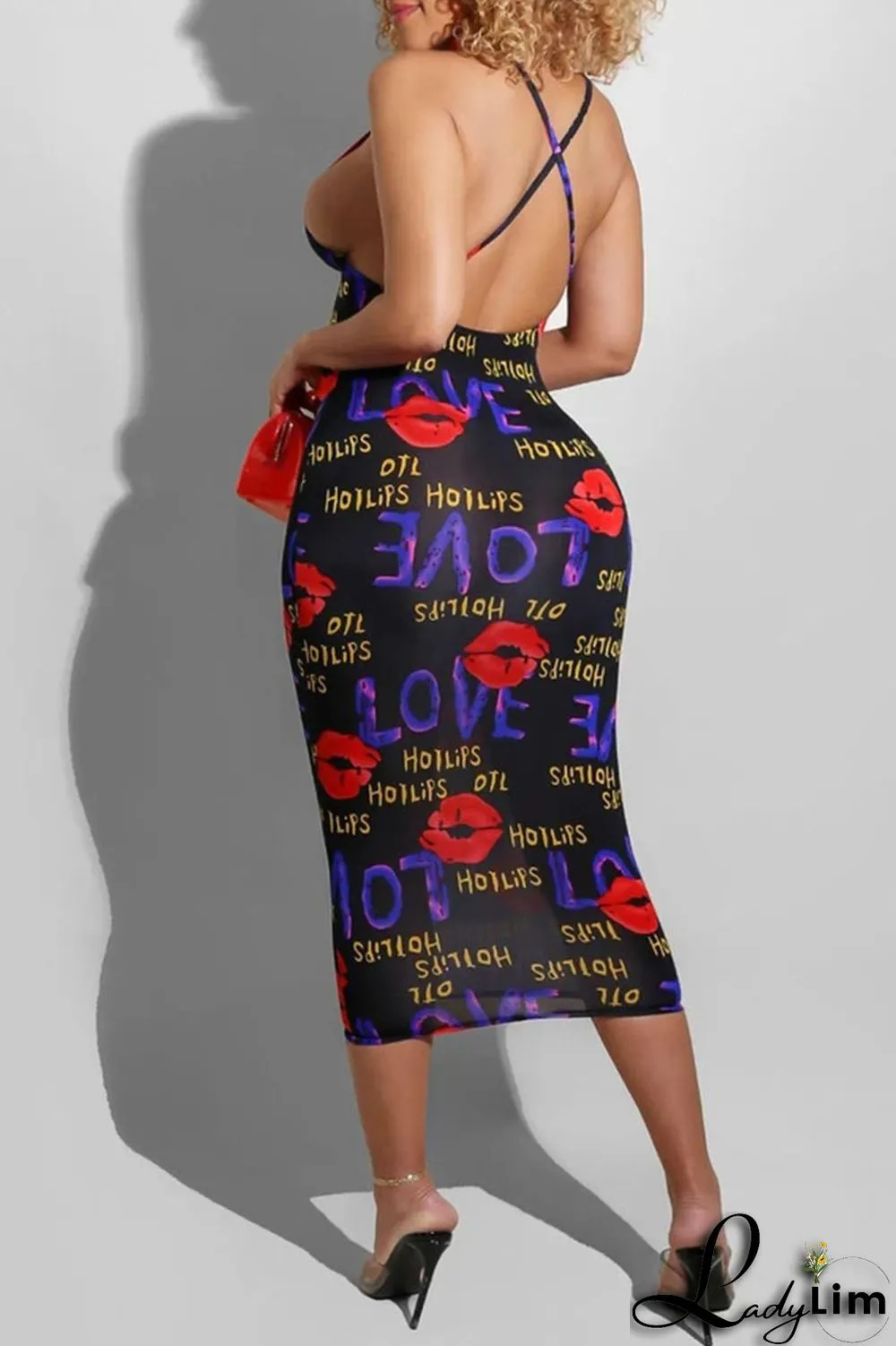 Black Red Sexy Print Split Joint Spaghetti Strap Sling Dress Dresses