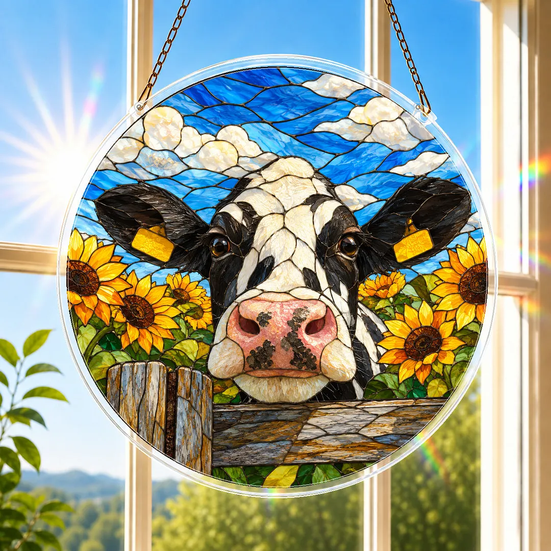 Sunflower Farm Cow Stained Glass Suncatcher Puzzle