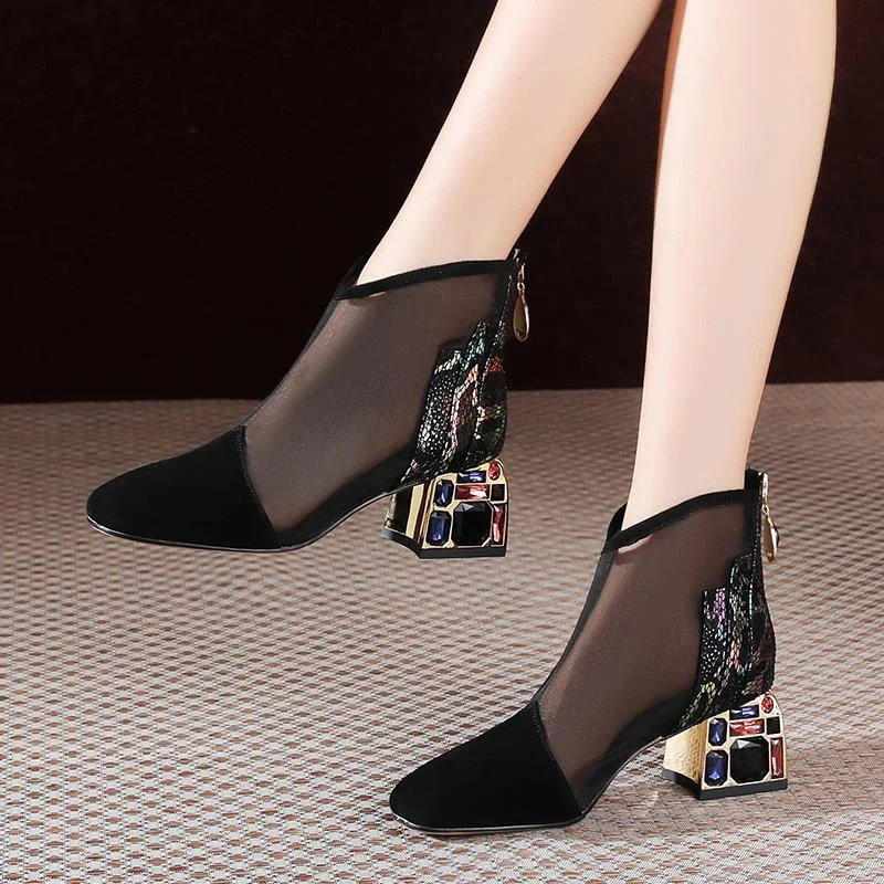 2021 NEW Mesh Sandals Boots Women Mesh Ankle Boot for Summer Mid Heel Rhinestone Ponited toe Shoes Hollow out Back Zip Black