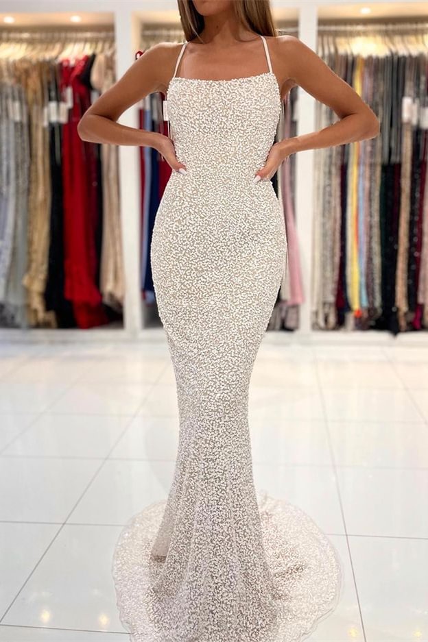 Luluslly White Spaghetti-Strals Sleeveless Mermaid Prom Dress Sequins Long 