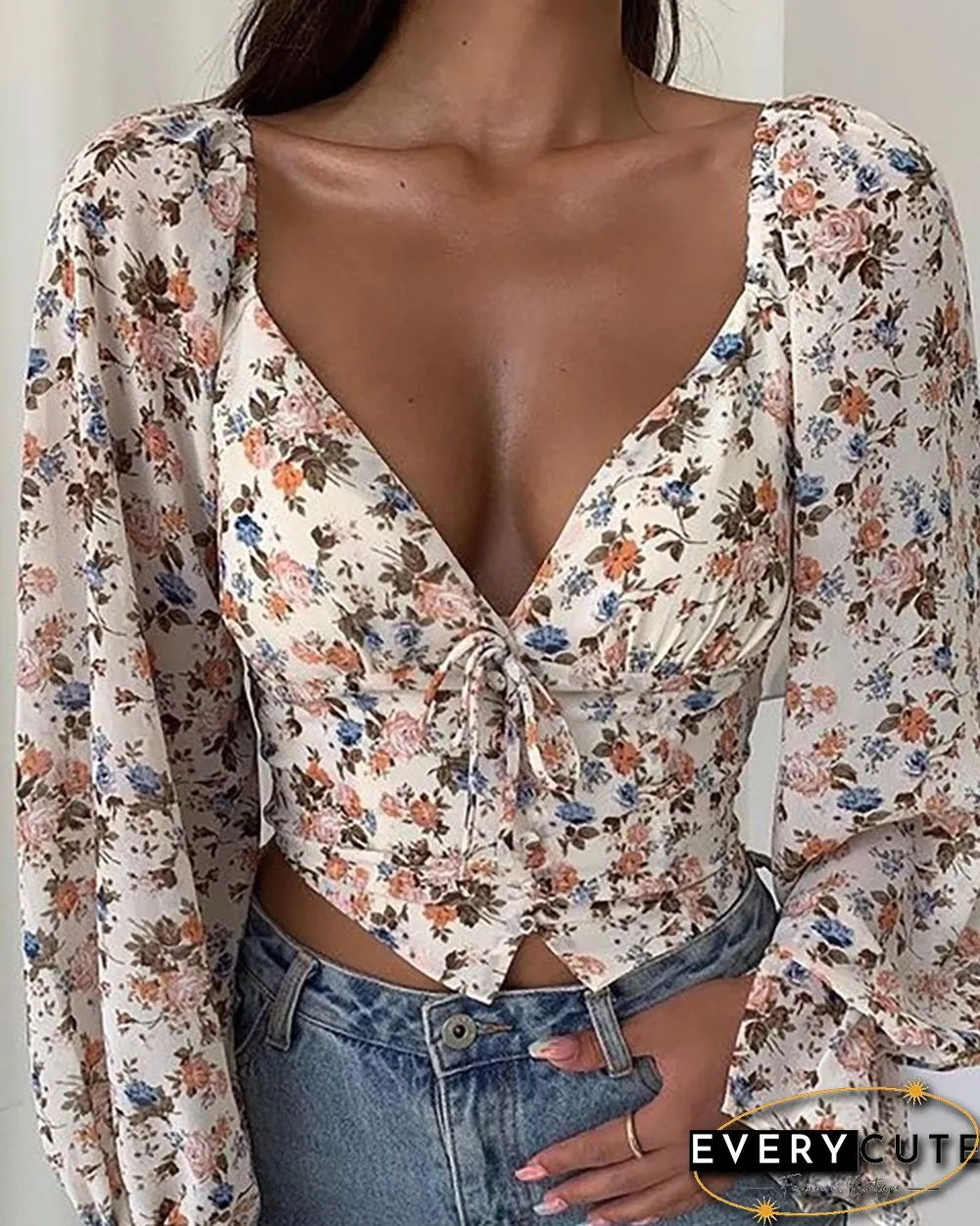 And The Why Front Tie Knot Floral Print Top
