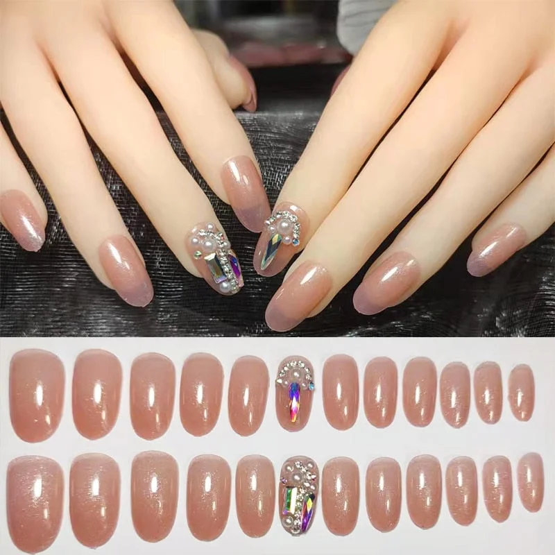 24Pcs/box Full Cover Short round press on nails Pink Dripping Shape Heart Bride nail tips Wearable Fake Nail with Glue for girls-Nail Inspo