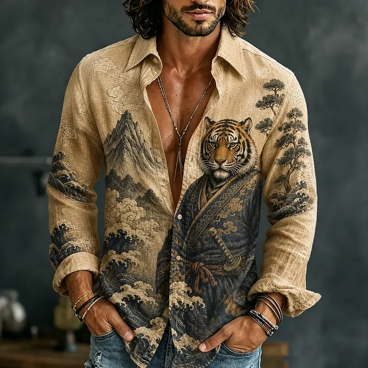 Men's Ukiyo-e Samurai Tiger Great Wave Pine Mountain Print Polo Shirt