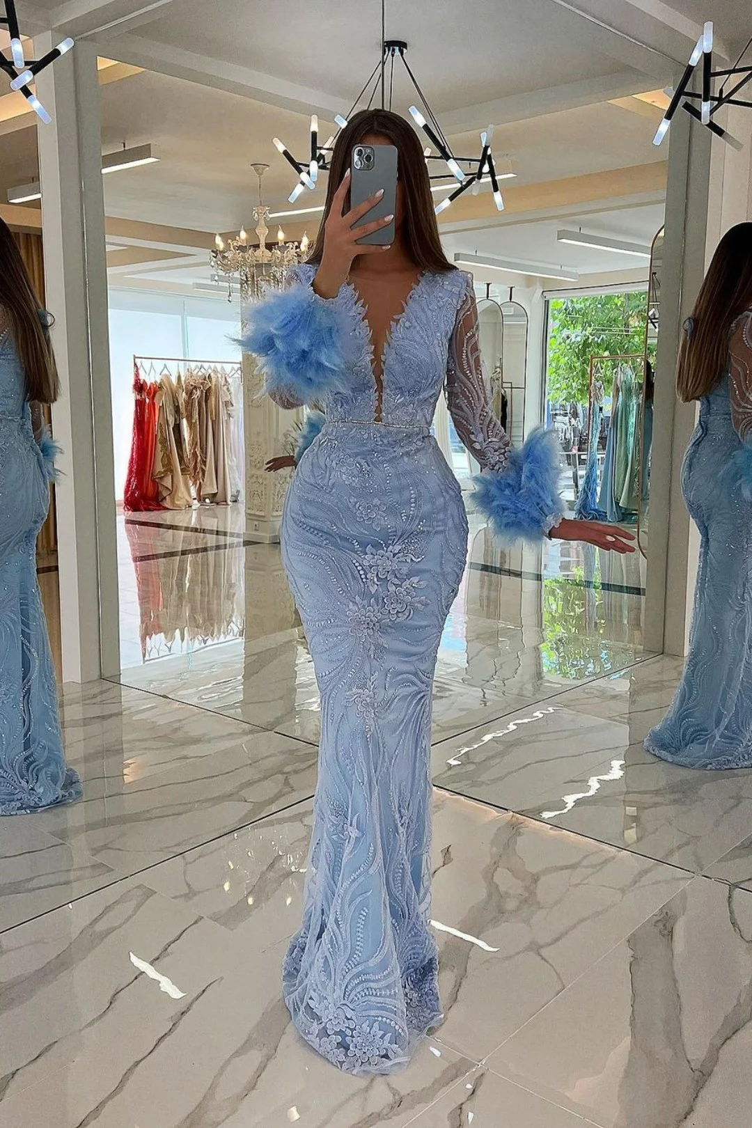 Baby Blue Prom Dress V Neck Sequins With Feather Appliques YL0130