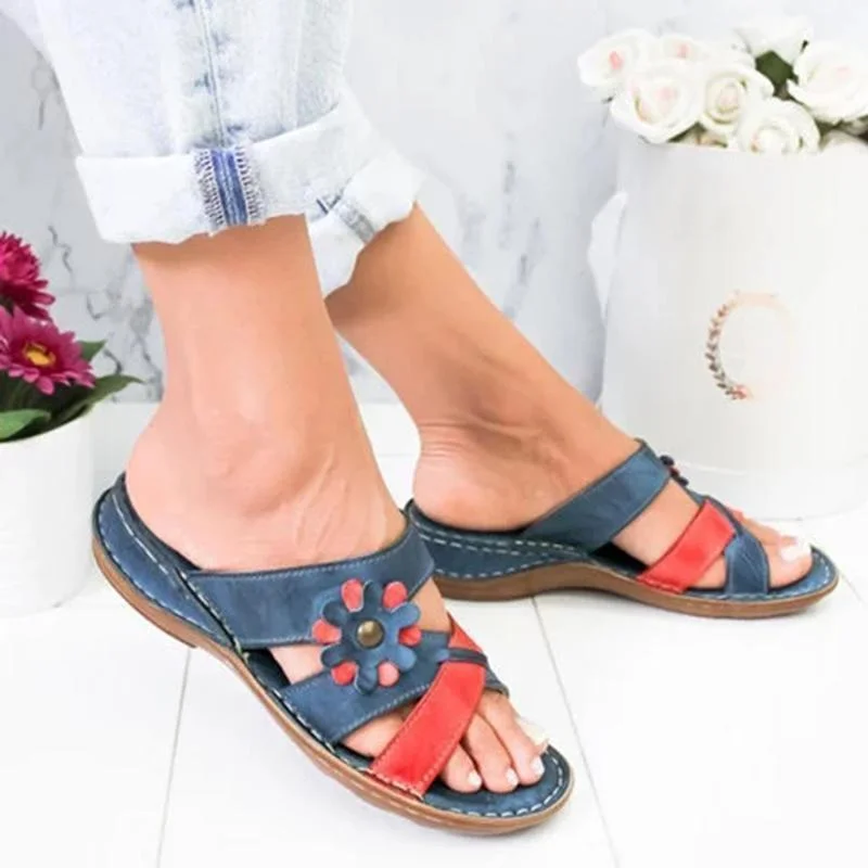 Flowers Slides Low Heel Slip On Flat Sandals