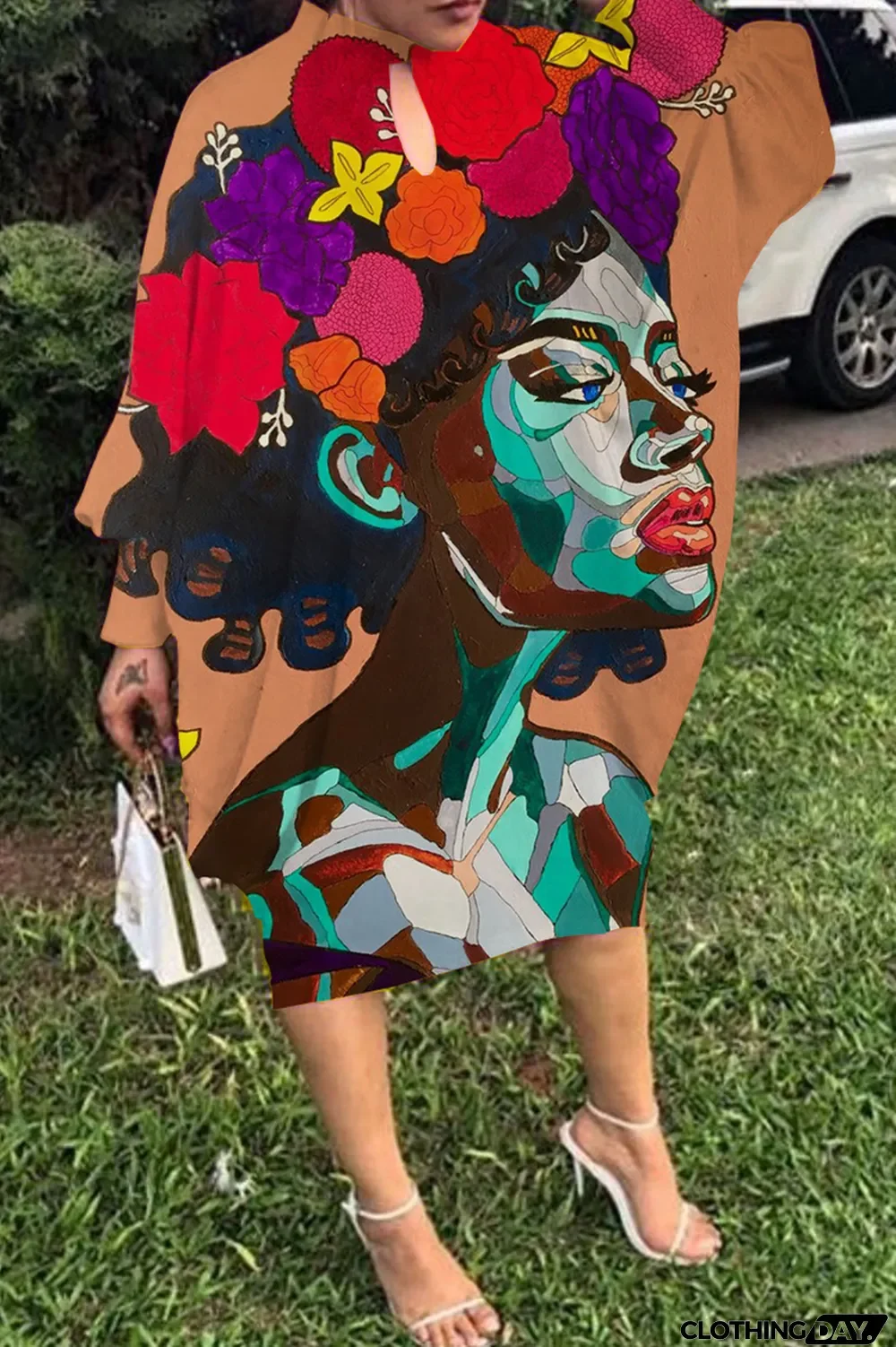 Light Gray Fashion Print Hollowed Out Round Neck Long Sleeve Dress