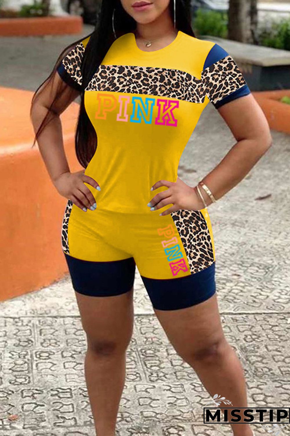 Black Fashion Casual Letter Print Leopard Patchwork O Neck Short Sleeve Two Pieces