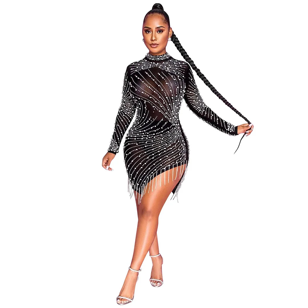 Woman dress prevalent Summer turtleneck false diamond long sleeve tassels Dresses Casual Vestidos dropshipping XXZX5216