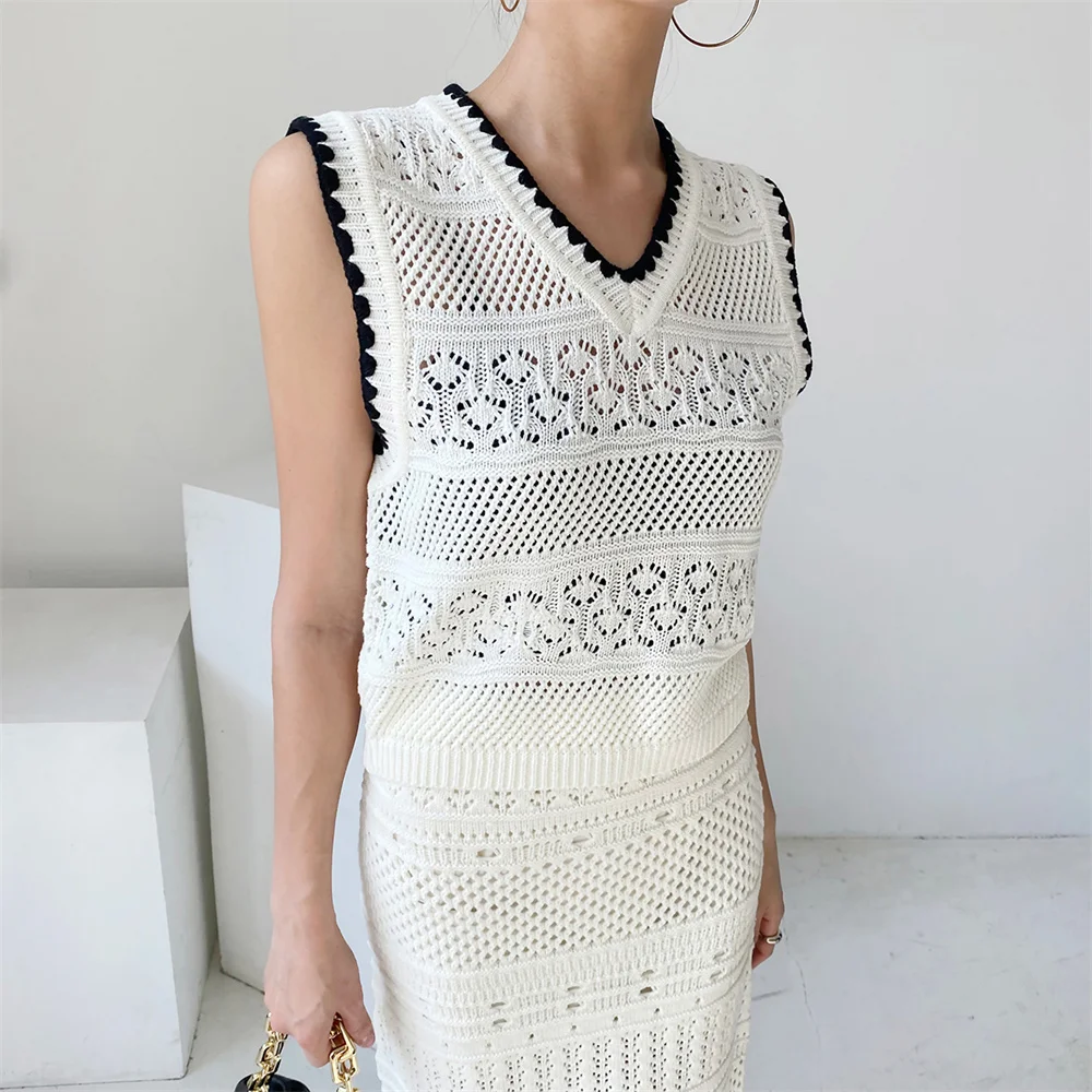 Jangj Alien Kitty High Street Sets Knitted Women Tassel Hollow Out Stylish Sleeveless Tops Summer Chic Work Wear Bodycon Skirts Suits