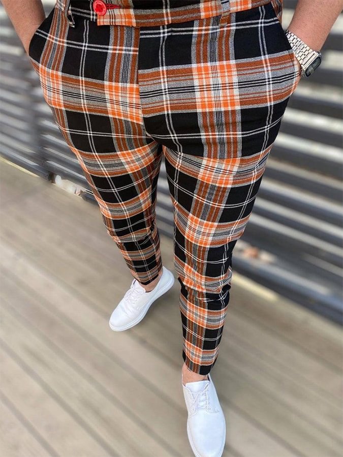 Men's Casual Orange Plaid Pants