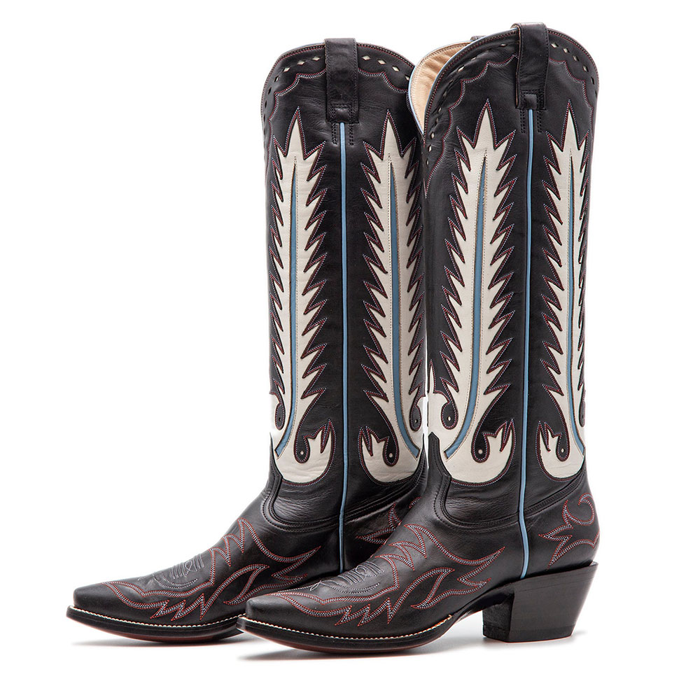 Snip Toe Embroidered Feather Pattern Inlay Cowgirl Boots in Black Nicepairs