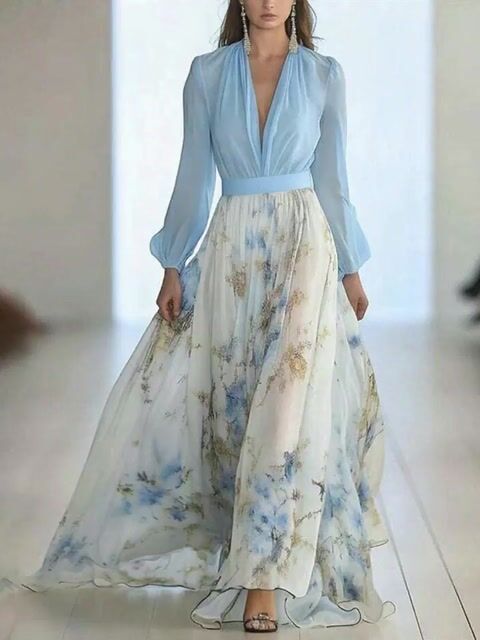 Women's Contrast Color Patchwork Long Sleeve V Neck Maxi Dress