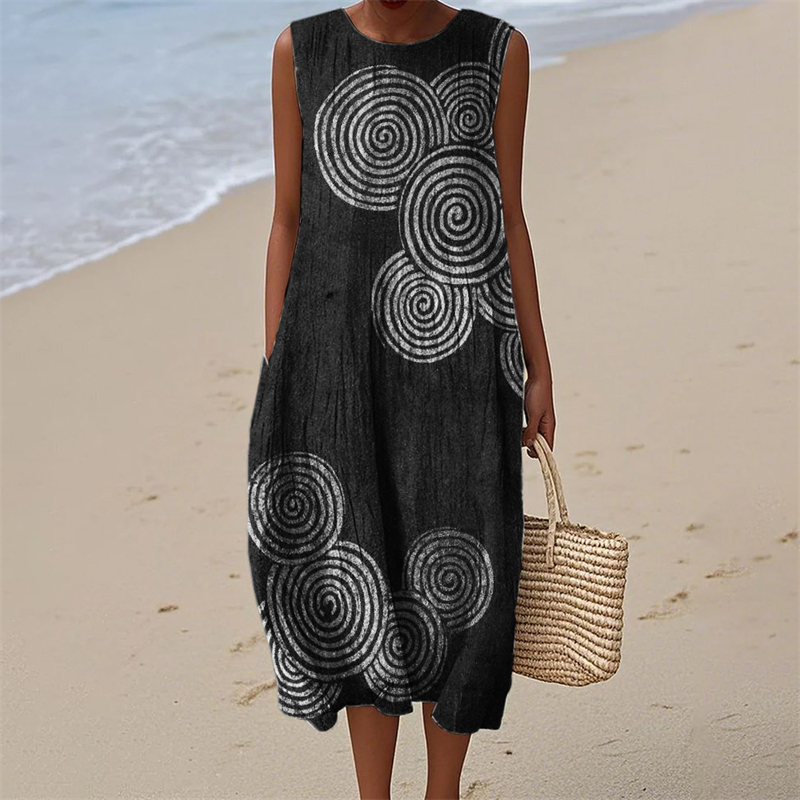 Comstylish Ripples Japanese Lino Art Flowy Linen Tank Dress