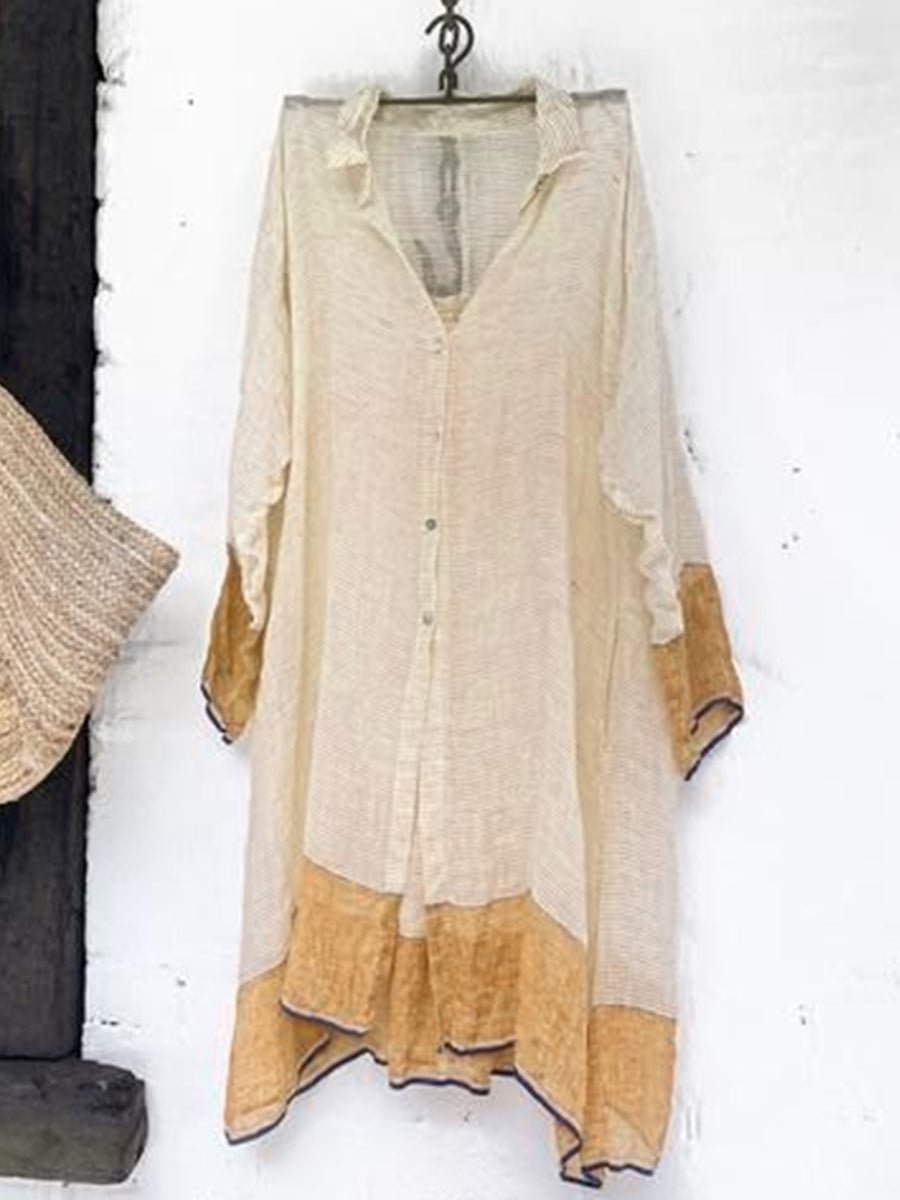 Lapel Button-Down Colorblock Linen Top