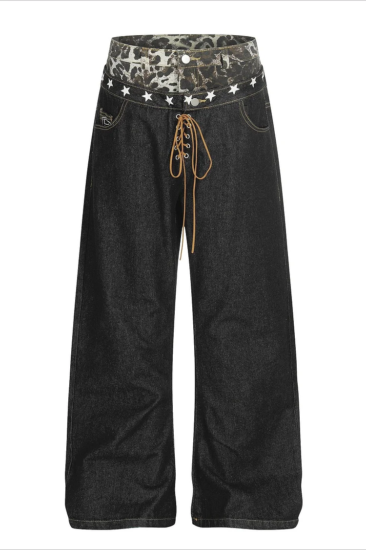 Double Waistband Tie Curved Blade Baggy Stacked Pants