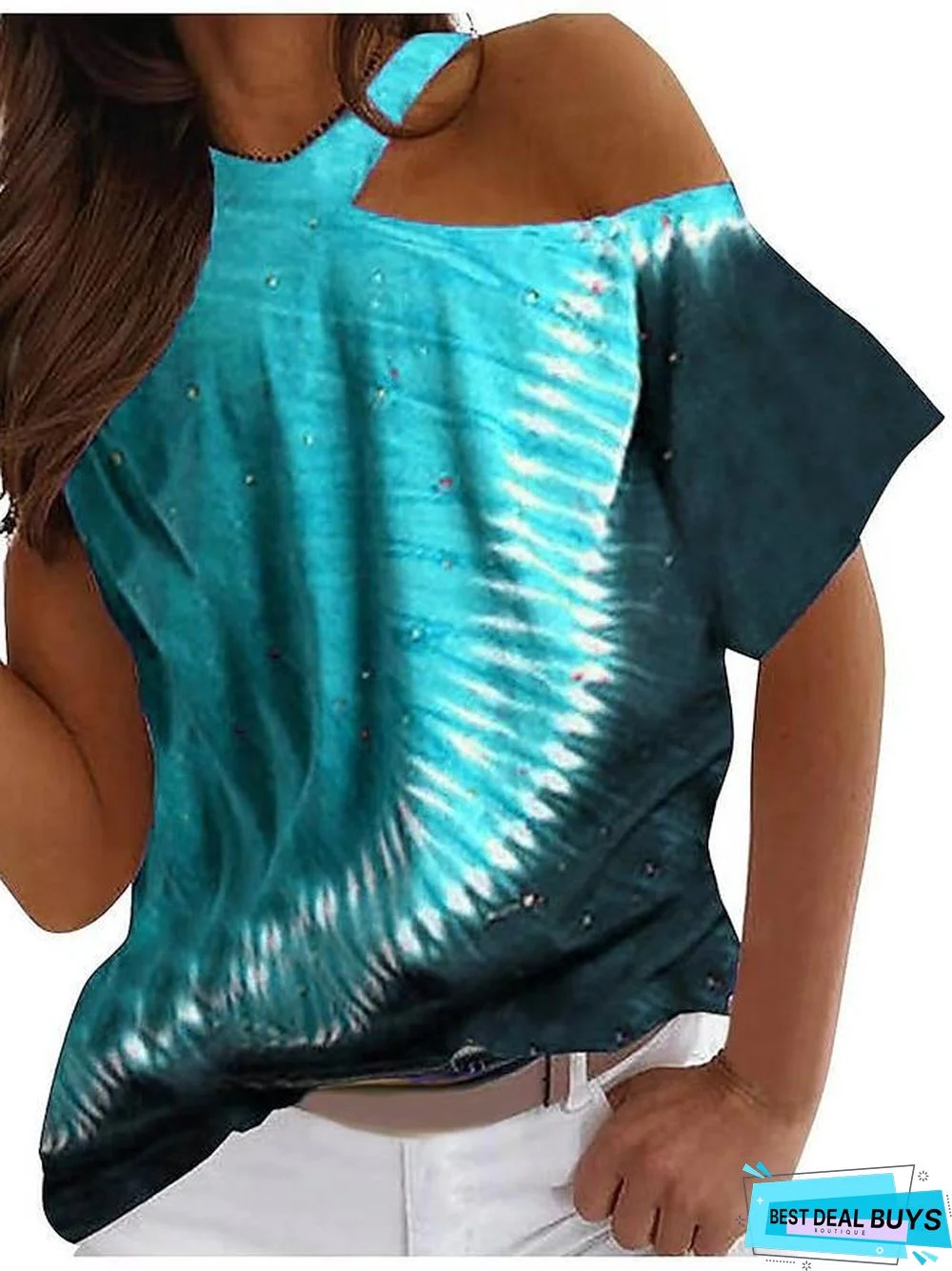 Women's T-Shirt Color Block Tie Dye Print One Shoulder Tops Basic Top Blue Purple Red