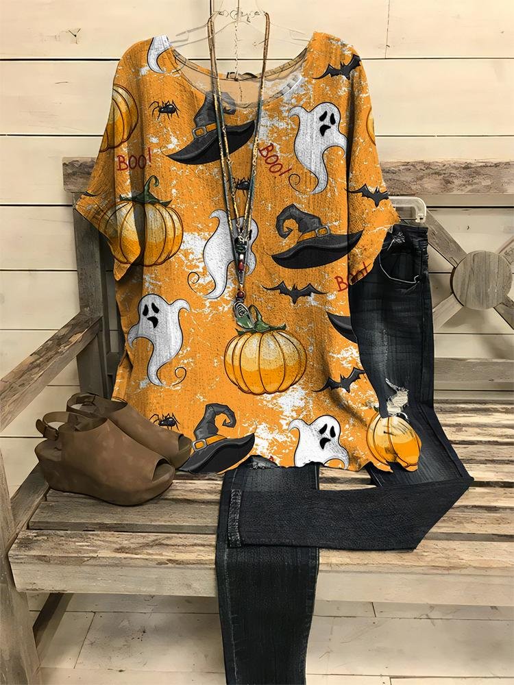 Ghost Pumpkin Boo Printed Halloween Short Sleeve T-Shirt