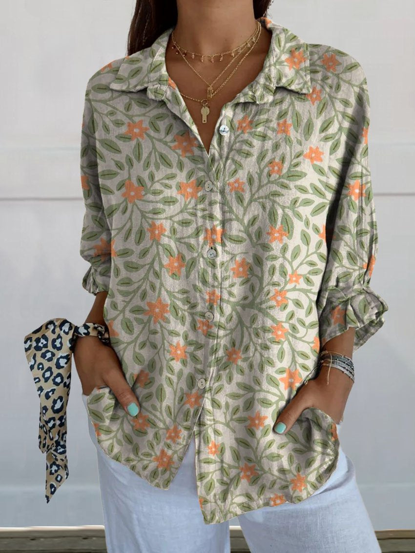 Women's Lovely Elegant Floral Art Print Casual Linen V-neck Shirt
