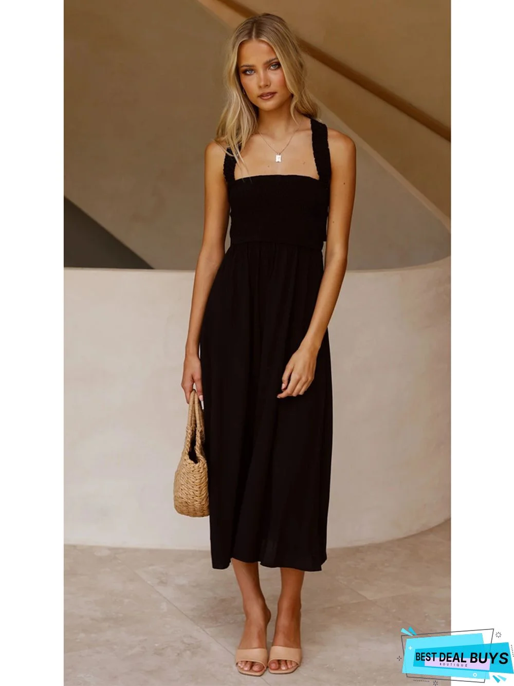 Casual Fashion Solid Color Cotton Linen Suspender Dress