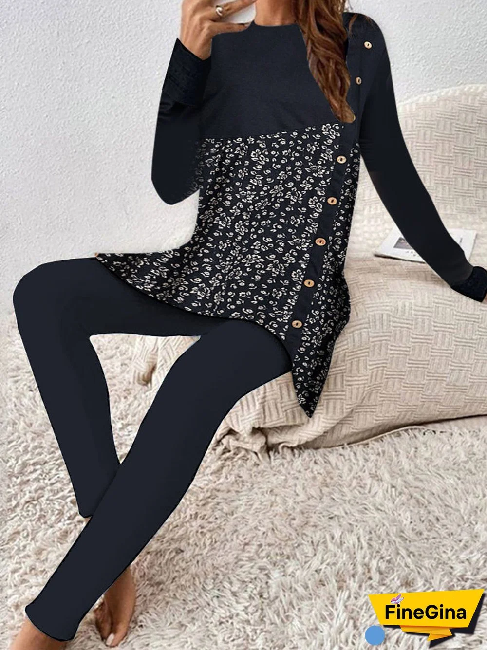 Women Casual Long Sleeve Round Neck Floral Printed Two-Piece Set