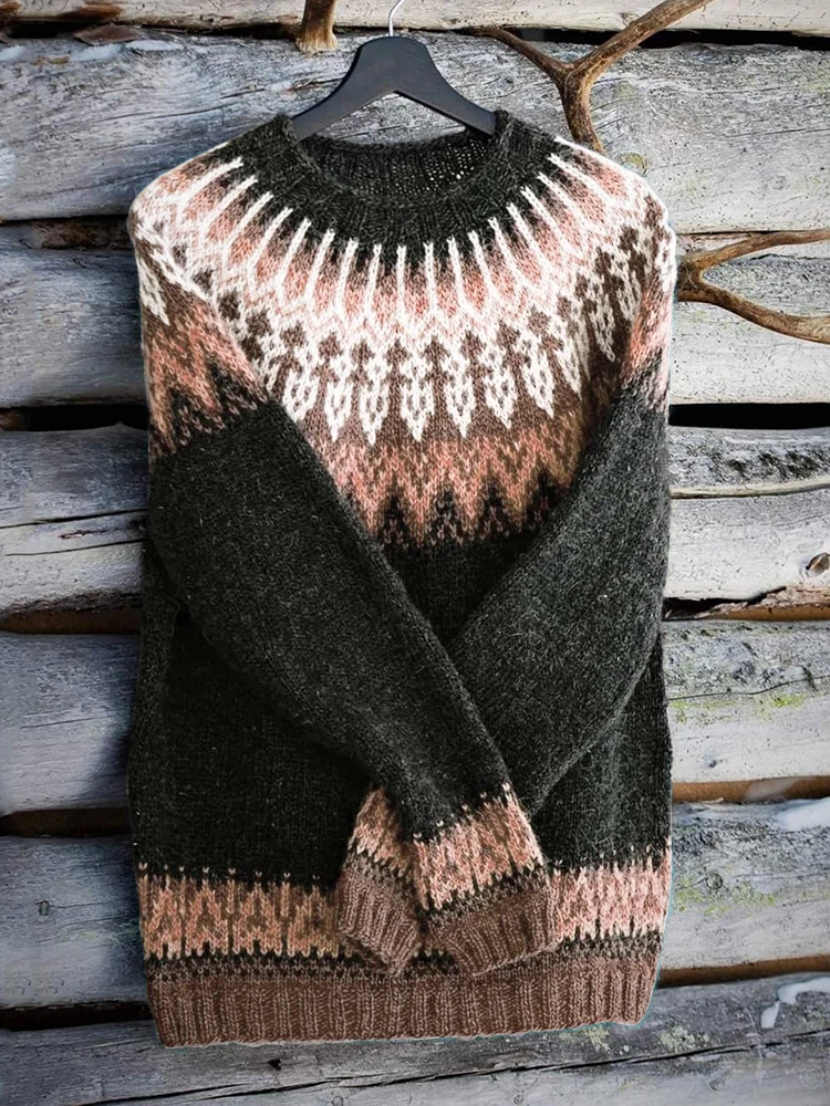 Vintage Icelandic Knit Jacquard Warmth Crew Neck Sweater（Unisex）